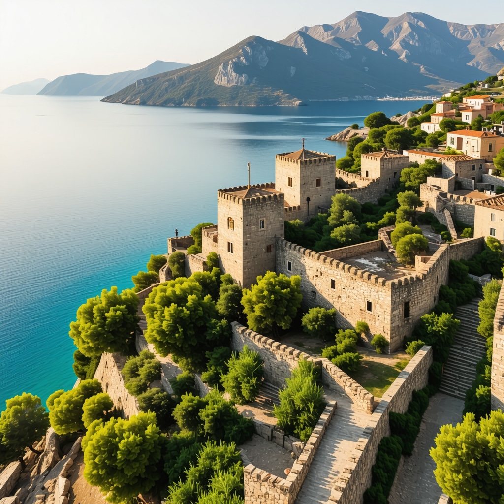 Aerial view of Nafplio historic castles, coastline and eco-friendly tourists using mobile digital guides on walking trails