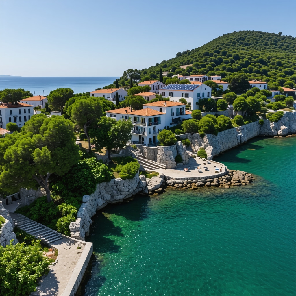 Aerial view of Petrovac coastline showing eco-friendly infrastructure and natural habitats