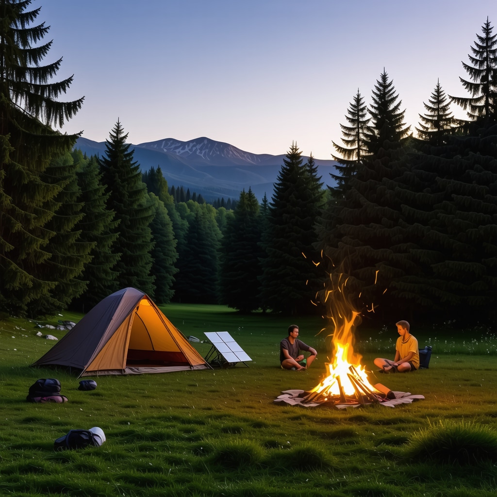Eco-friendly campsite in Zlatibor with tents, solar panels, and campfire at dusk