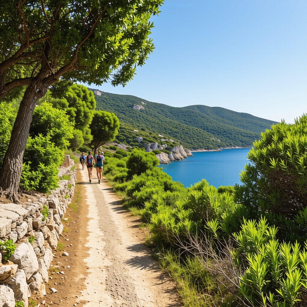 Panoramic view of Sveti Stefan hiking trail with Mediterranean plants and Adriatic Sea