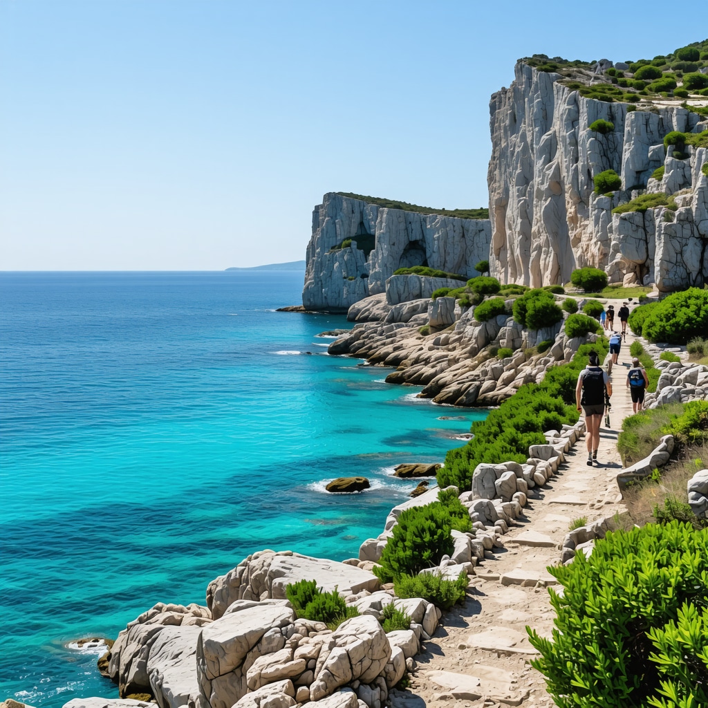 Panoramic coastal view of Sveti Stefan featuring turquoise waters and hikers on sustainable nature trails