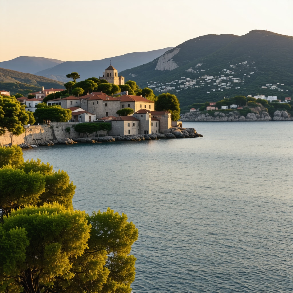 Sveti Stefan coastline at sunset showing historic buildings, green vegetation, and calm sea representing harmony of nature and culture.