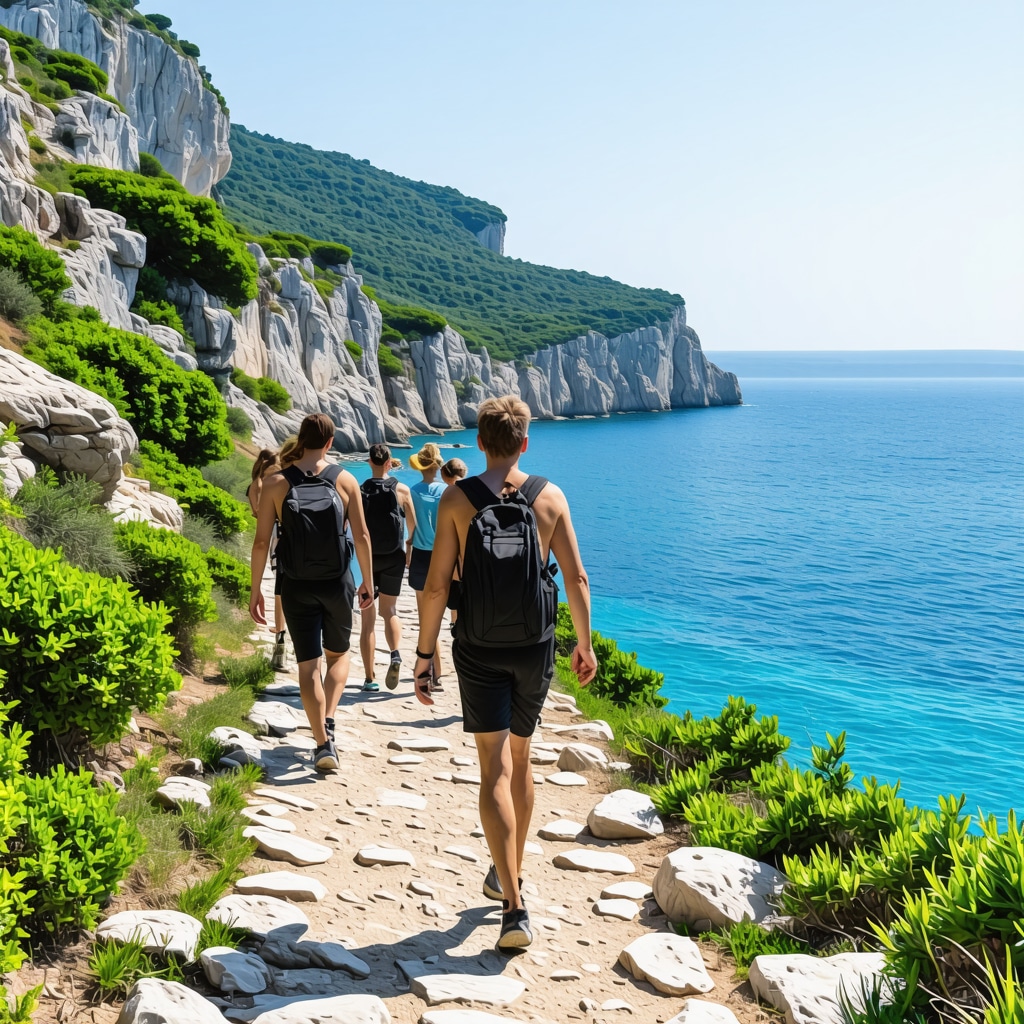 Group on sustainable eco-tour led by expert guide on coastal paths near Sveti Stefan with Mediterranean landscape