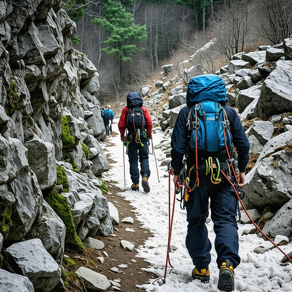 Climbers using ropes and technical gear on rugged hiking trail in Knjaževac surrounded by Balkan forest
