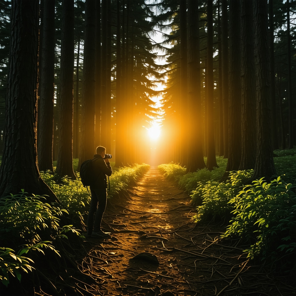 Photographer capturing sunrise in Tekirdağ forest trail with golden light and tall trees