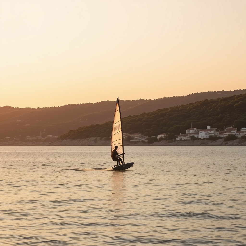 Sunset over Tekirdağ coastline with windsurfing and forested hills