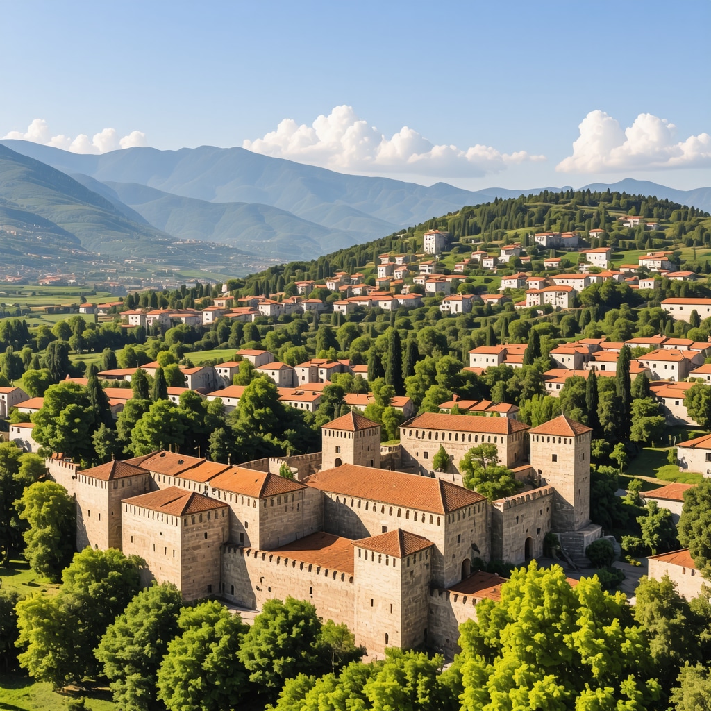 Aerial photo of Tetova city with Ottoman buildings surrounded by greenery and mountains