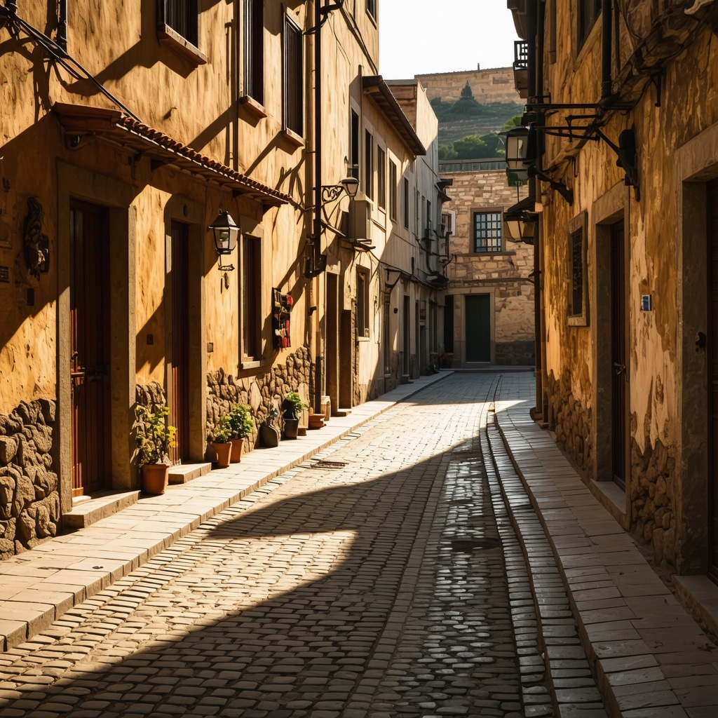 Historic narrow street in Tetova bathed in warm golden hour sunlight with Ottoman-era architecture
