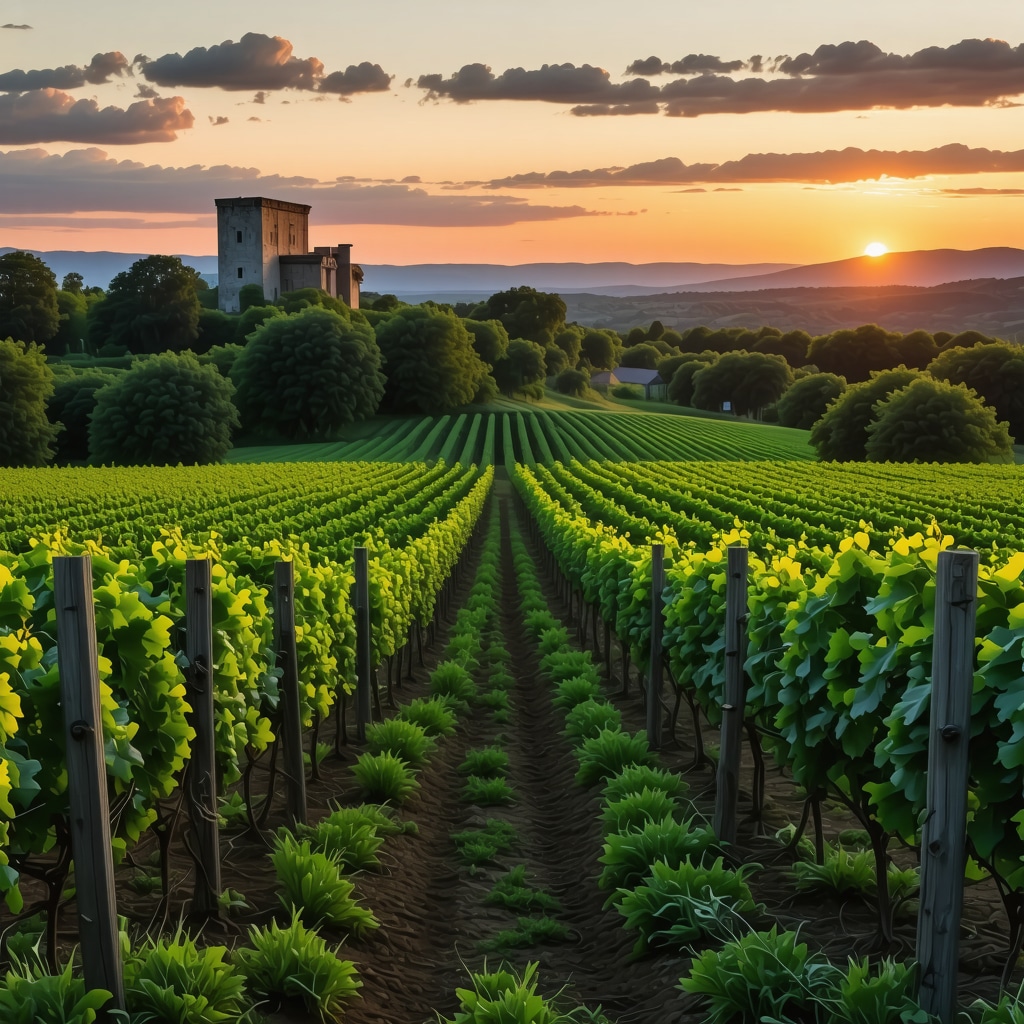 Tikveš vineyard landscape at sunset showing augmented reality interfaces and sustainable farming elements