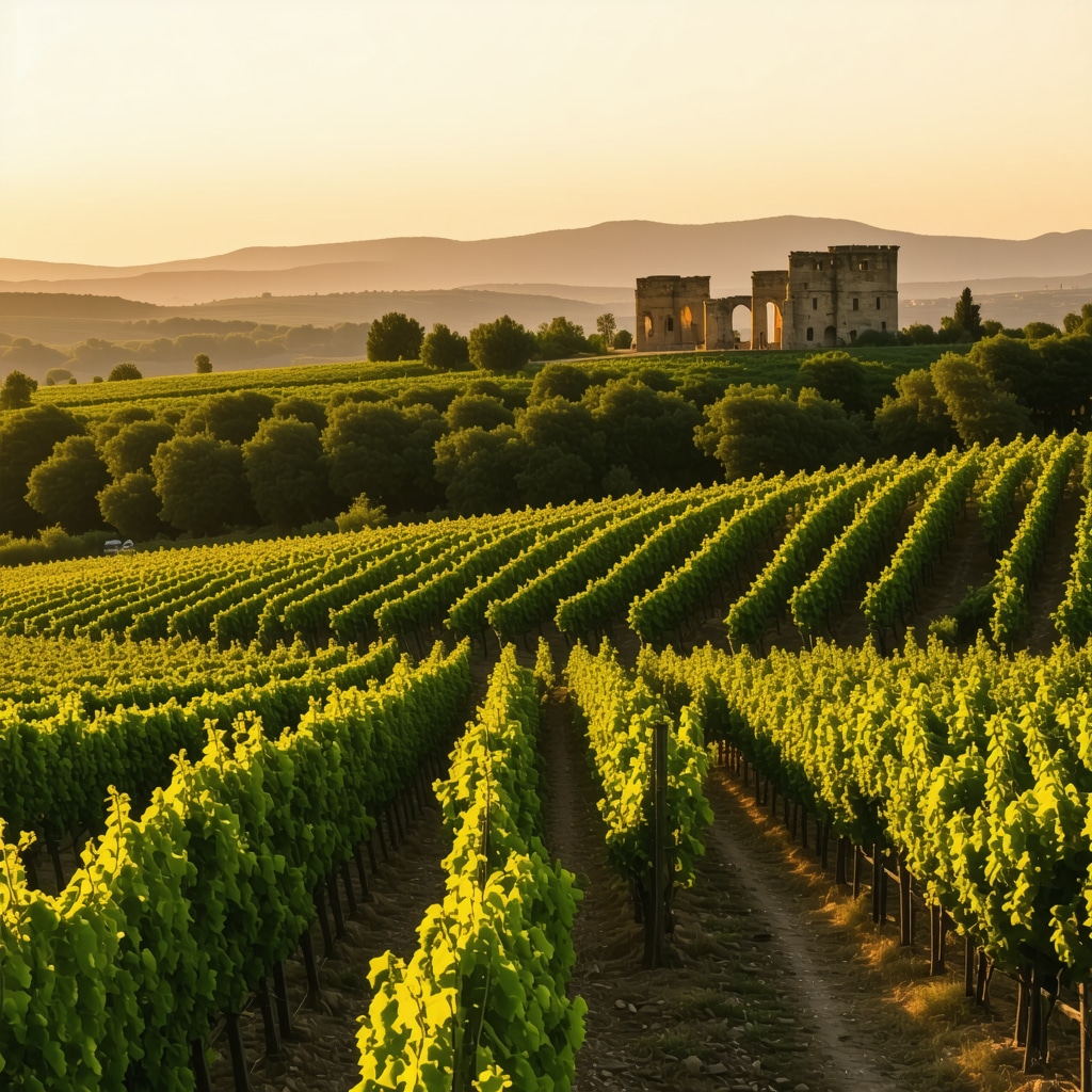 Panoramic view of Tikveş vineyards merging with ancient ruins during sunset