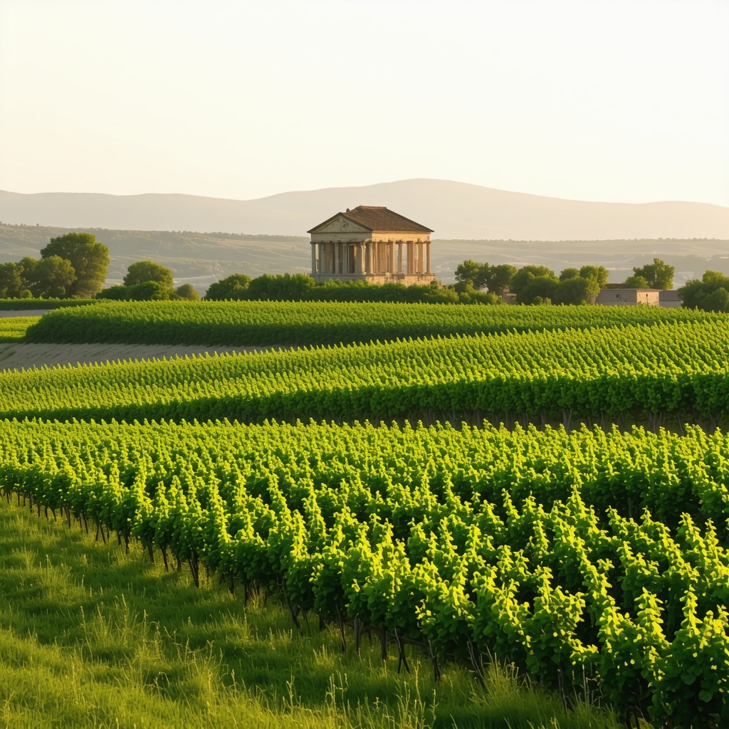 Golden hour view of Tikveş vineyards and ancient ruins symbolizing nature and history