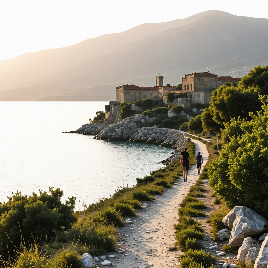 Hikers walking along Tivat's coastal nature trails with historical ruins visible in the background at sunset
