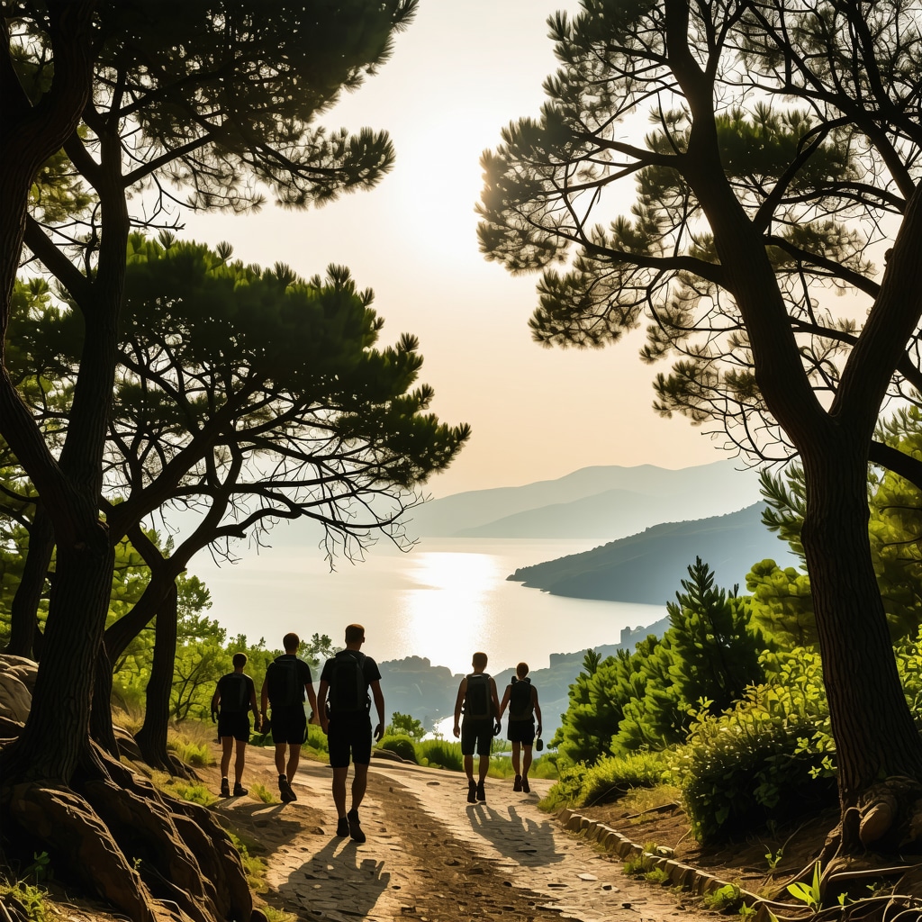 Hikers walking along a forest trail with Adriatic Sea and ancient ruins in the background at sunset in Tivat