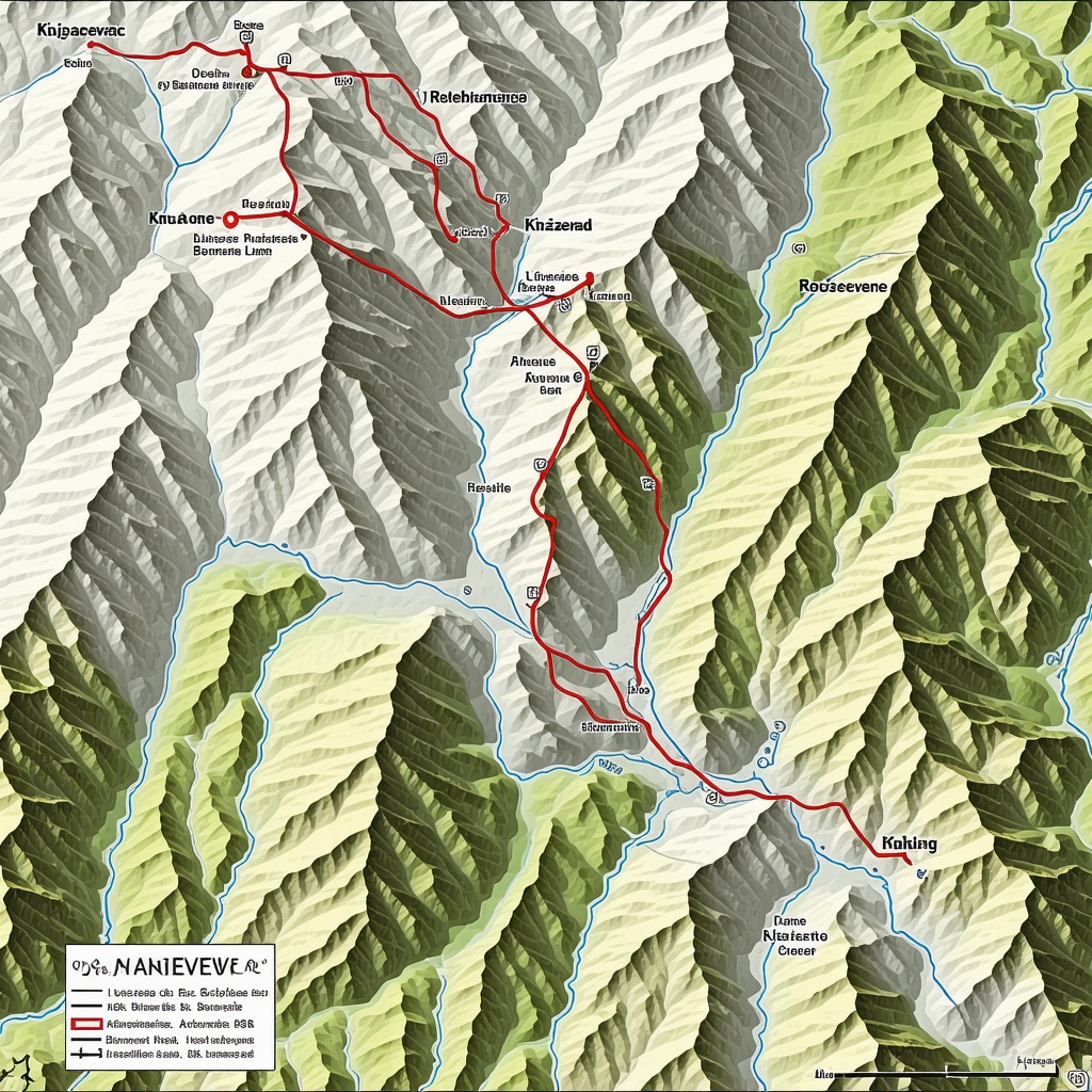 Topographic map illustrating rugged terrain and hiking routes in Knjaževac region with ecological and sustainability markers
