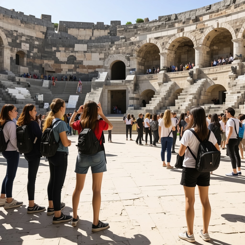 Tourists using augmented reality devices at Plovdiv Roman Theater with historical digital overlays