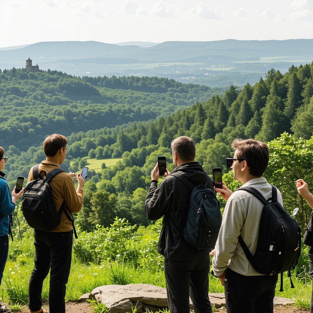 Tourists hiking on Avala Mountain using augmented reality apps with scenic green forest and historic sites