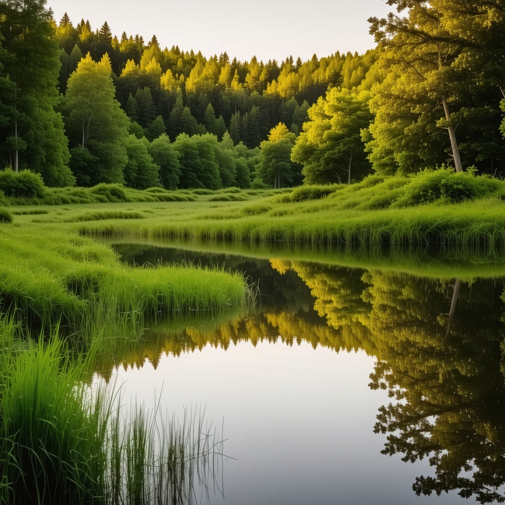 Golden hour view of Rožaje National Park with dense forest and reflective pond