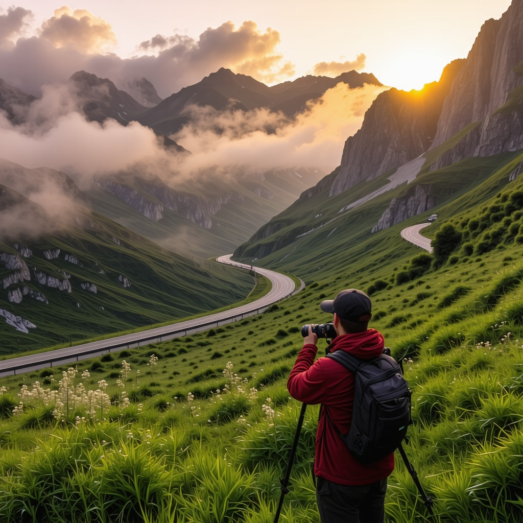 Panoramic view of Transfagarasan Highway with photographer capturing sunrise scene in Carpathian Mountains