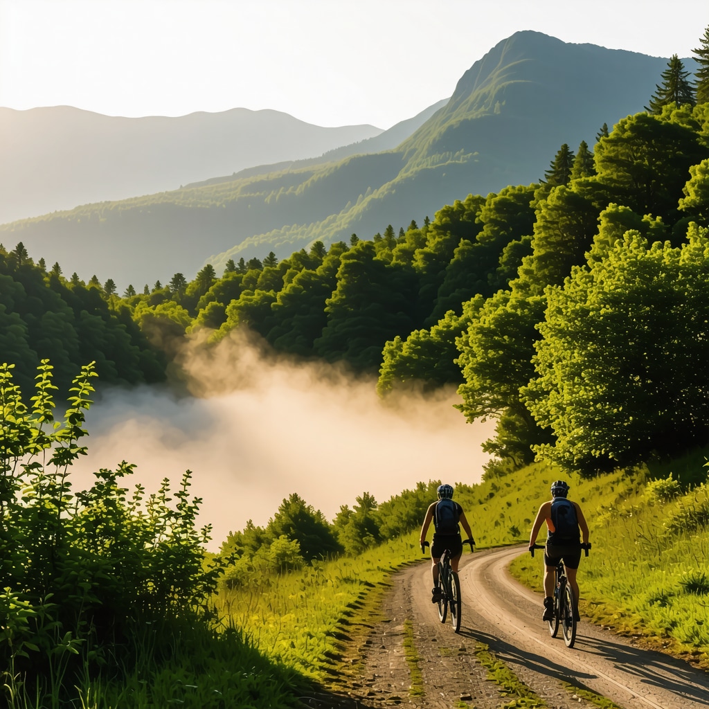 Panoramic sunrise view over Trebević Mountain with hikers and cyclists on sustainable trails