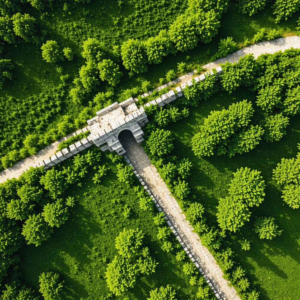 Aerial view of lush green hiking trails and historic Ottoman stone bridge in Trebinje, highlighting sustainable tourism