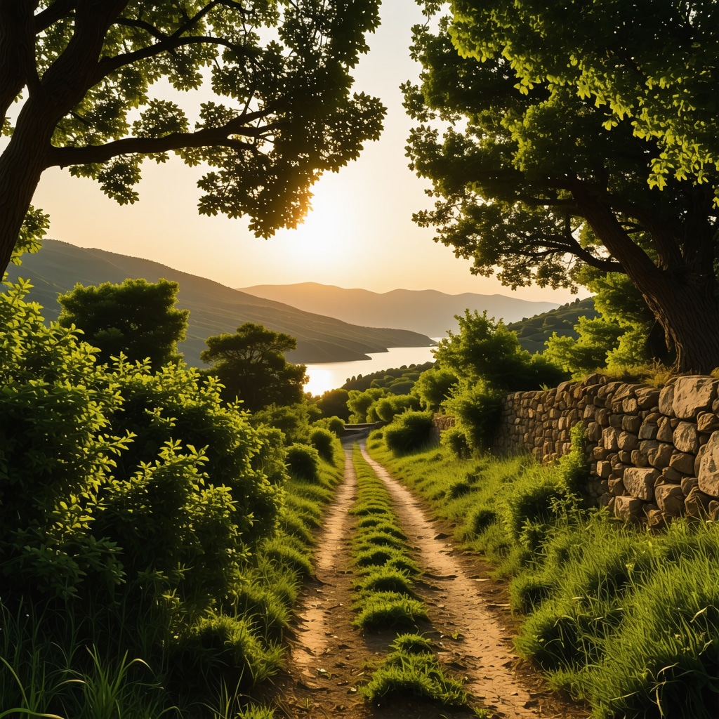 A scenic hiking path in Trogir with greenery and old stone ruins during sunset