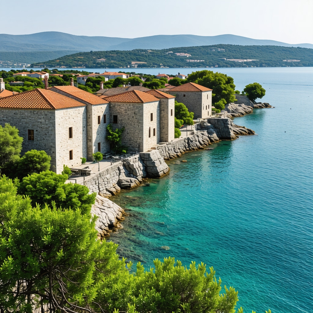 Panoramic view of Trogir showing medieval buildings, green vegetation, and Adriatic Sea