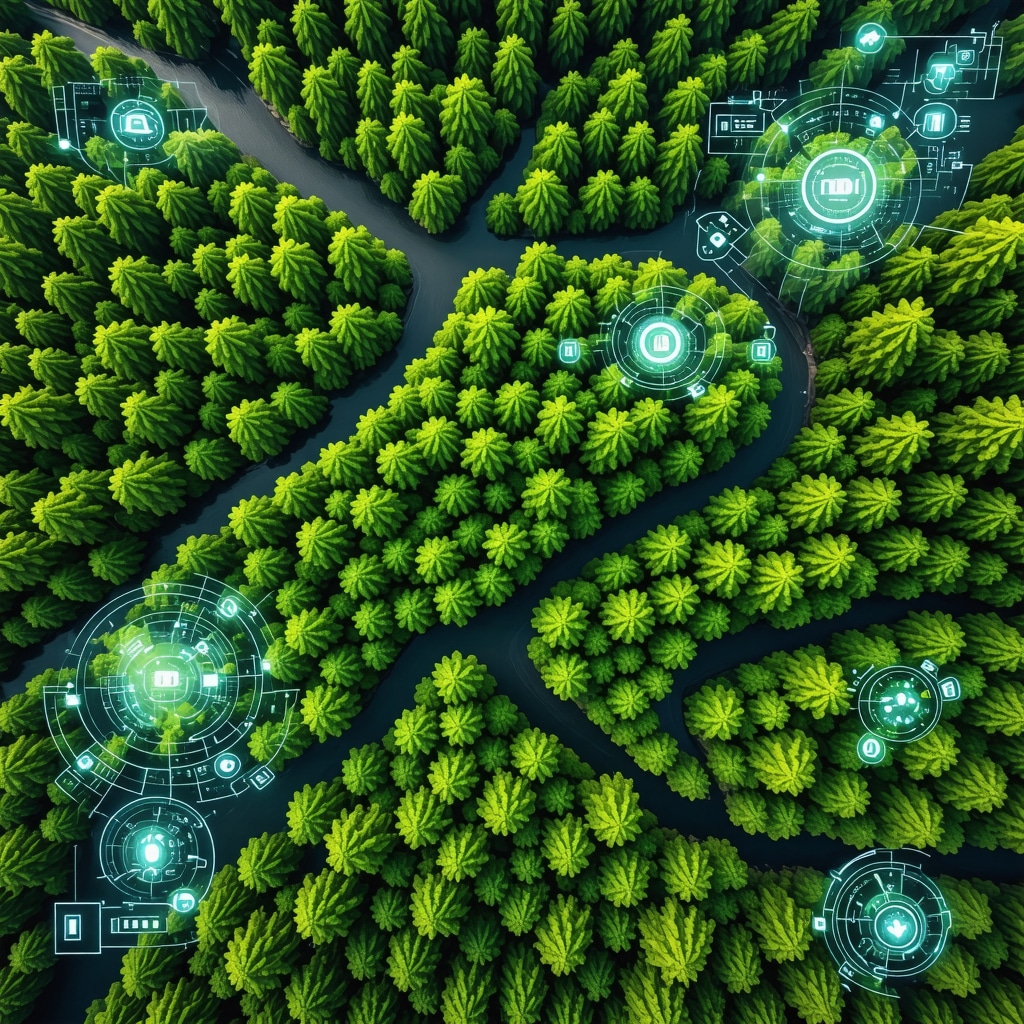 Aerial view of Tutin's forests and rivers with digital eco-tourism route overlays