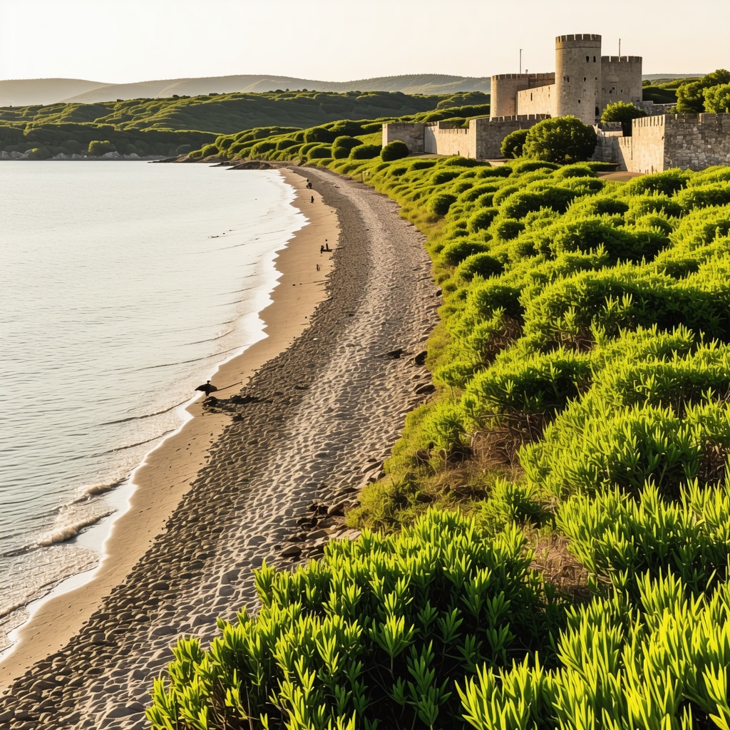 Panoramic sunrise view of Ulcinj's Velika Plaza beach, Ulcinj Castle forests, and Ada Bojana delta with birdwatchers in nature.