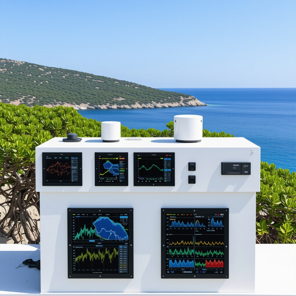 Ecological sensors and monitoring equipment on Vis Island with sea and greenery backdrop