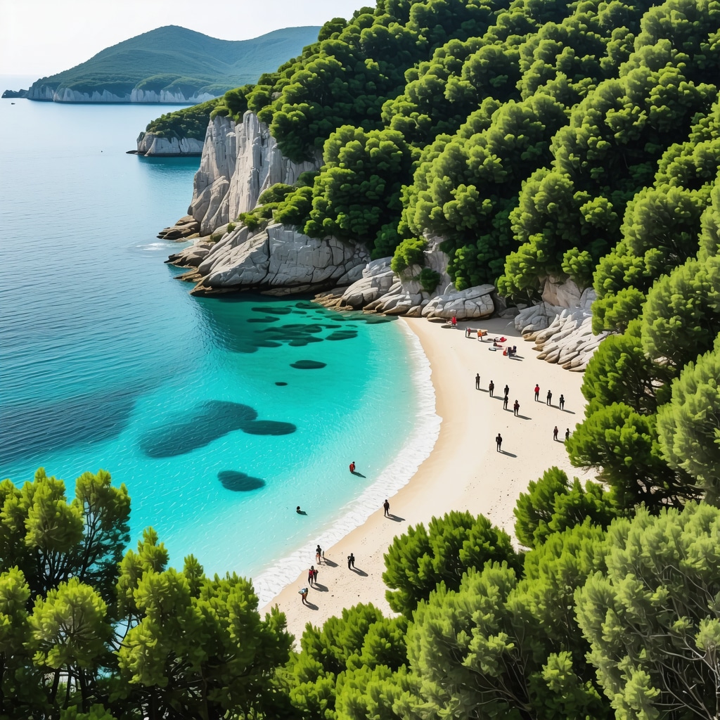 Aerial image of Vis Island with tourists using AR apps for eco-friendly tours, emphasizing technology and nature harmony