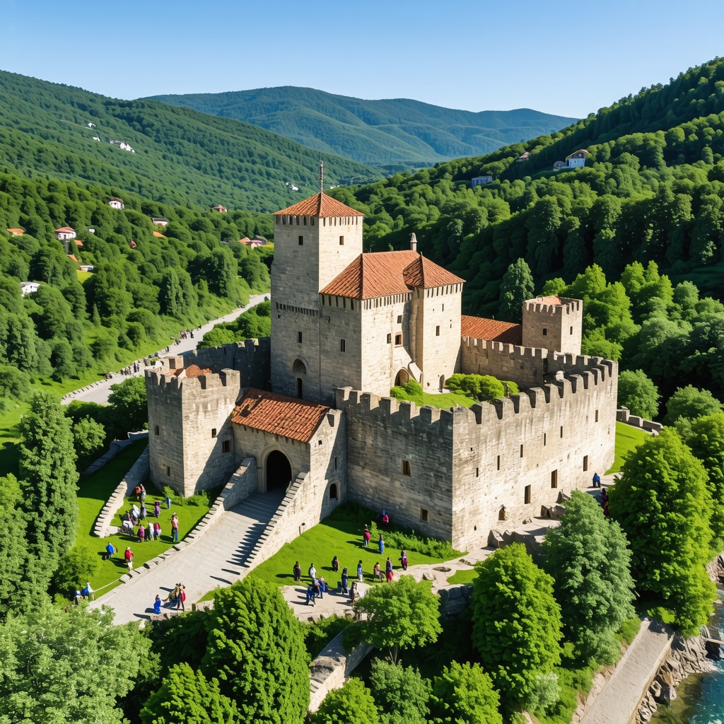 Aerial panorama of Vişegrad Castle, surrounding forest, Drina River, archaeological sites and guided eco-tourism trails