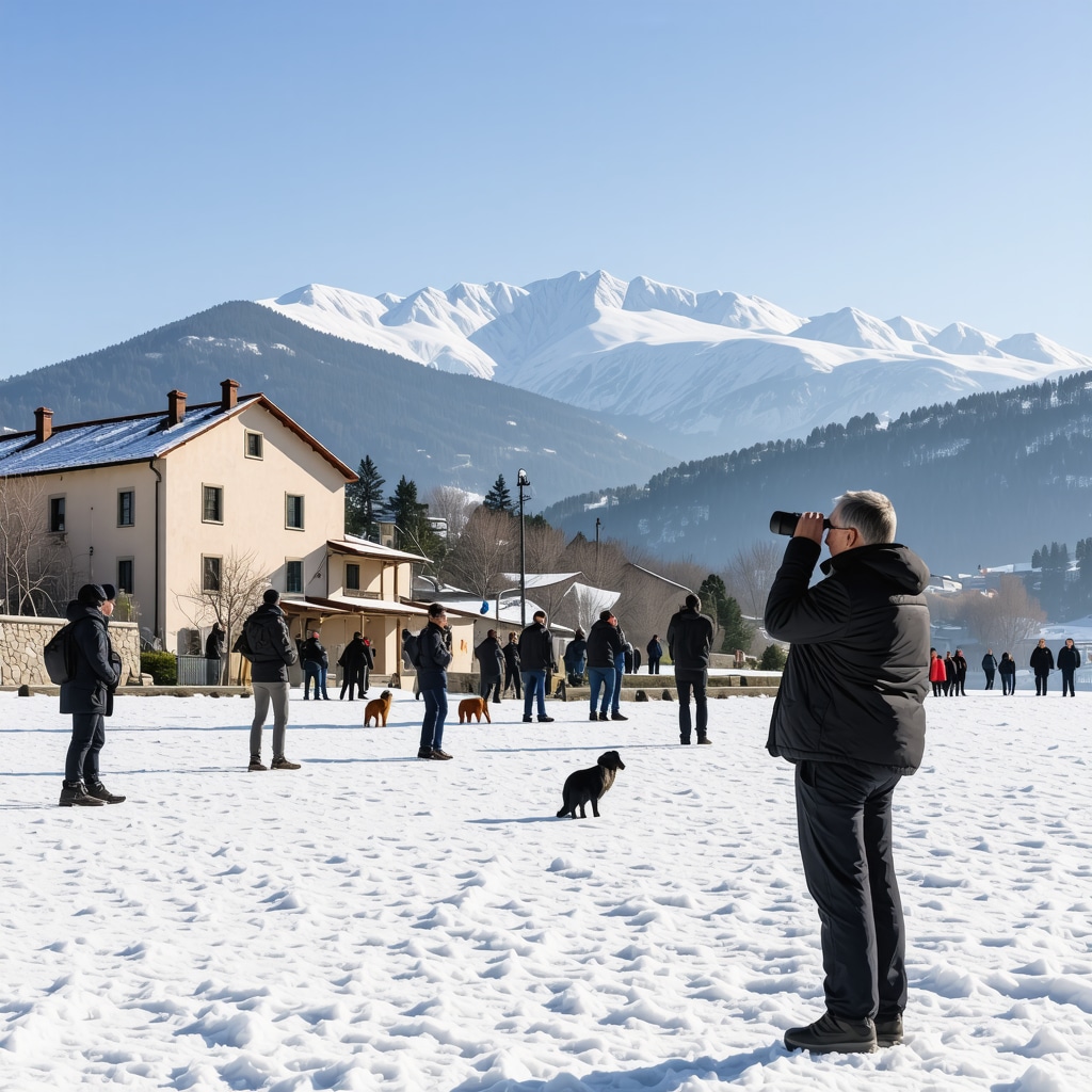 Snow-covered Rodop Mountains with historic village houses and natural park in Xanthi during winter