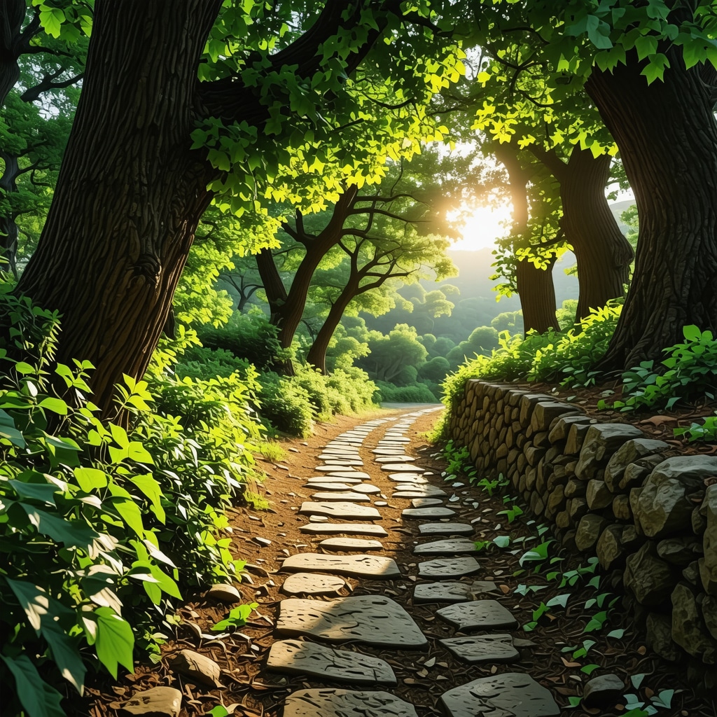 Lush forest trail with historic stone path in Xanthi under sunlight