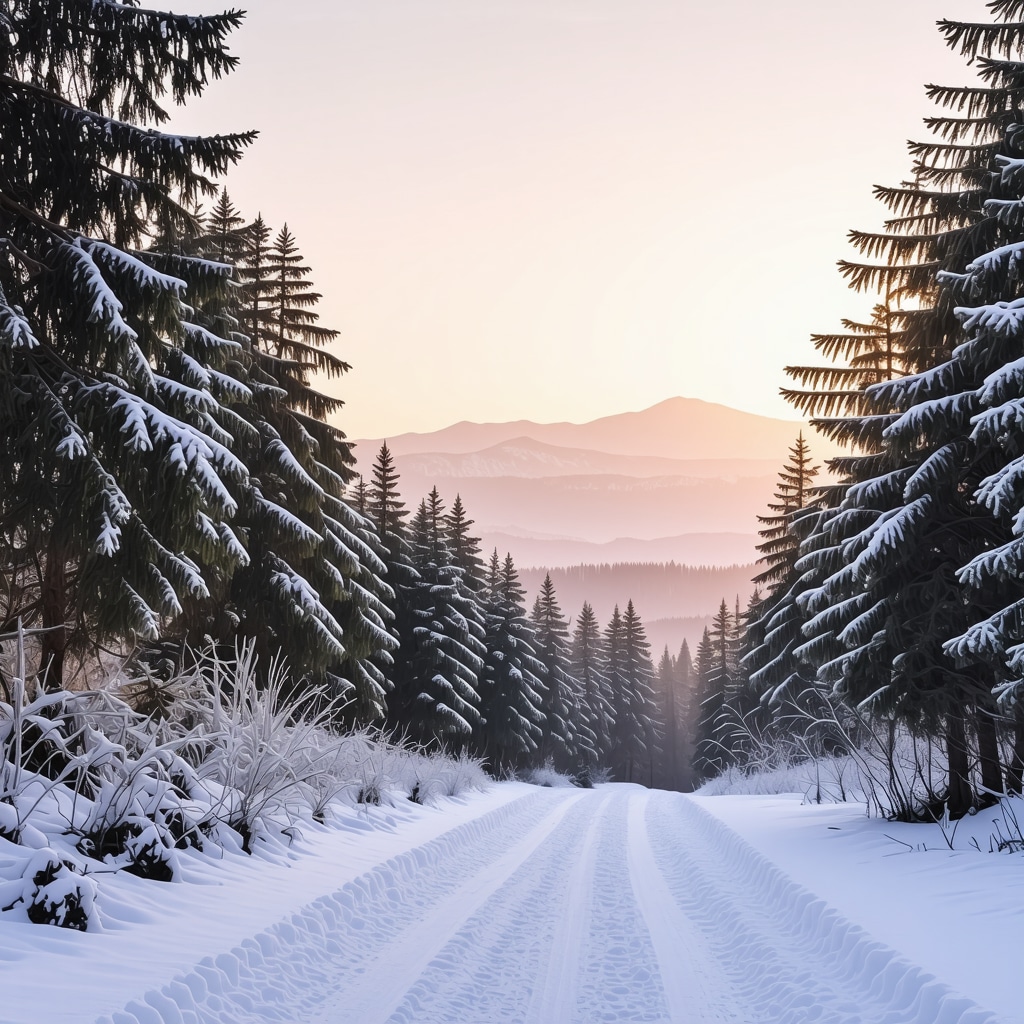 Snow-covered Rodop Mountains hiking trail in Xanthi during winter sunrise