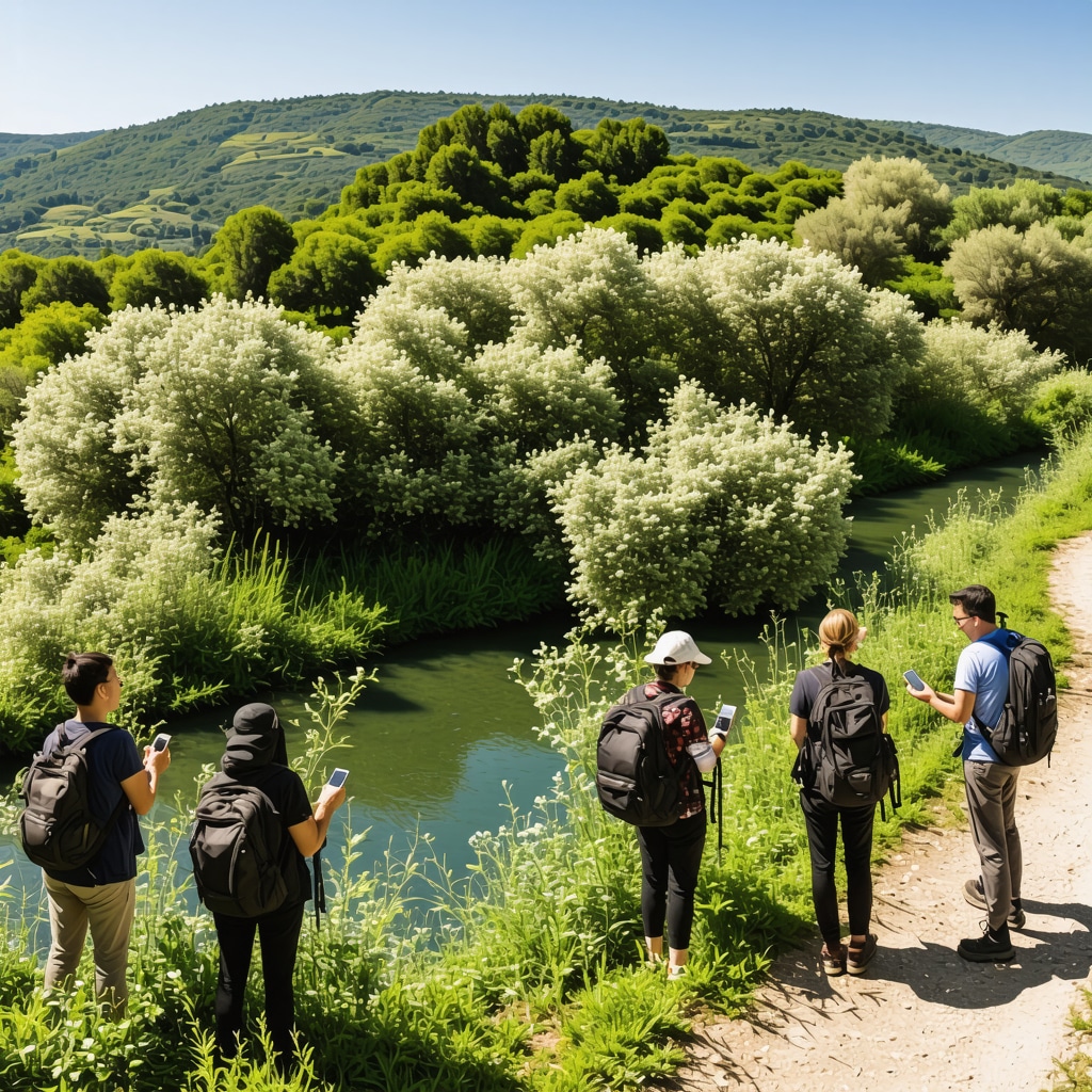 Panoramic view of Xanthi's spring nature, Nestos River, artisan workshops, and hikers showcasing sustainable ecotourism