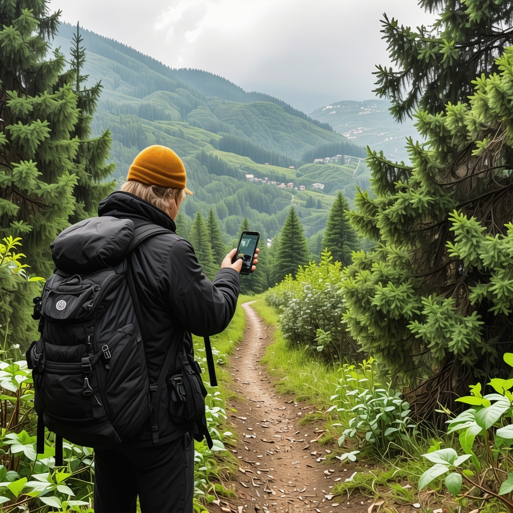 Hiker using smartphone with augmented reality guide on Xanthi hiking trail