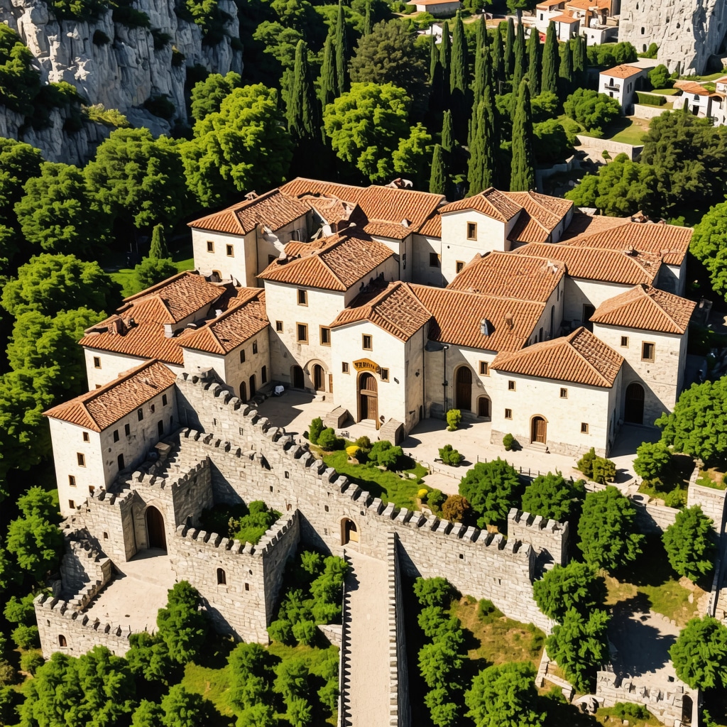 Aerial view of Xanthi's natural and cultural landscape with hikers and cyclists on eco-friendly trails