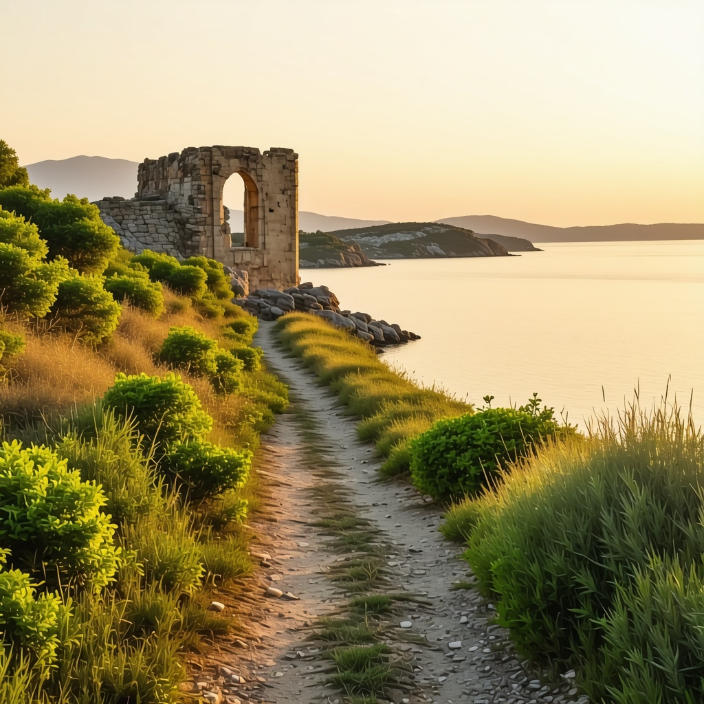 A scenic coastal hiking trail in Zadar featuring historic ruins and dense Mediterranean greenery at sunset