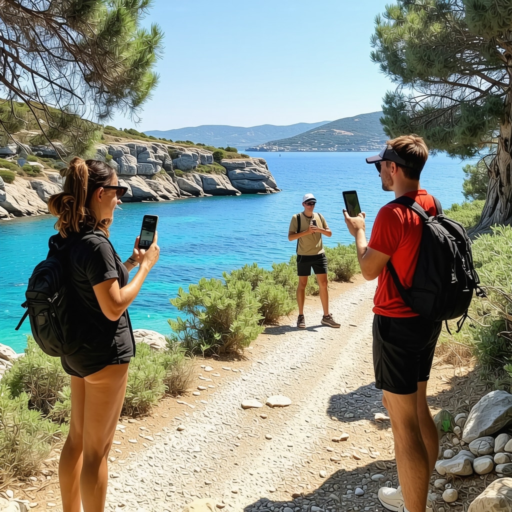 Tourists hiking in Zadar coastal nature park using smartphones with augmented reality applications