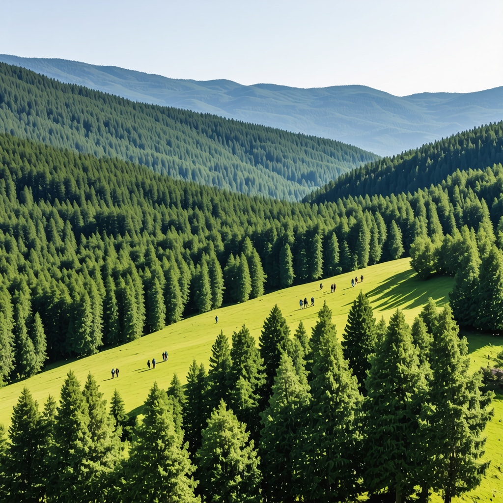 Aerial view of Zlatibor showing paragliders flying over forests and mountain trails with hikers and cyclists.