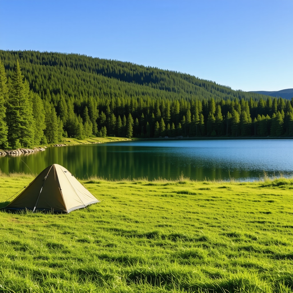 Scenic panorama of Zlatibor mountains with campsite by a peaceful lake and green forest surroundings