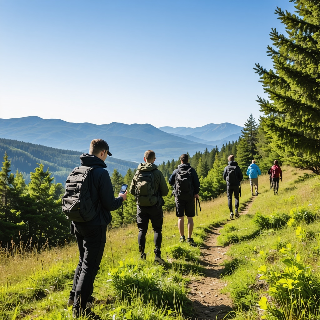 Hikers with GPS devices on forest trails in Zlatibor showing smart tourism and sustainability