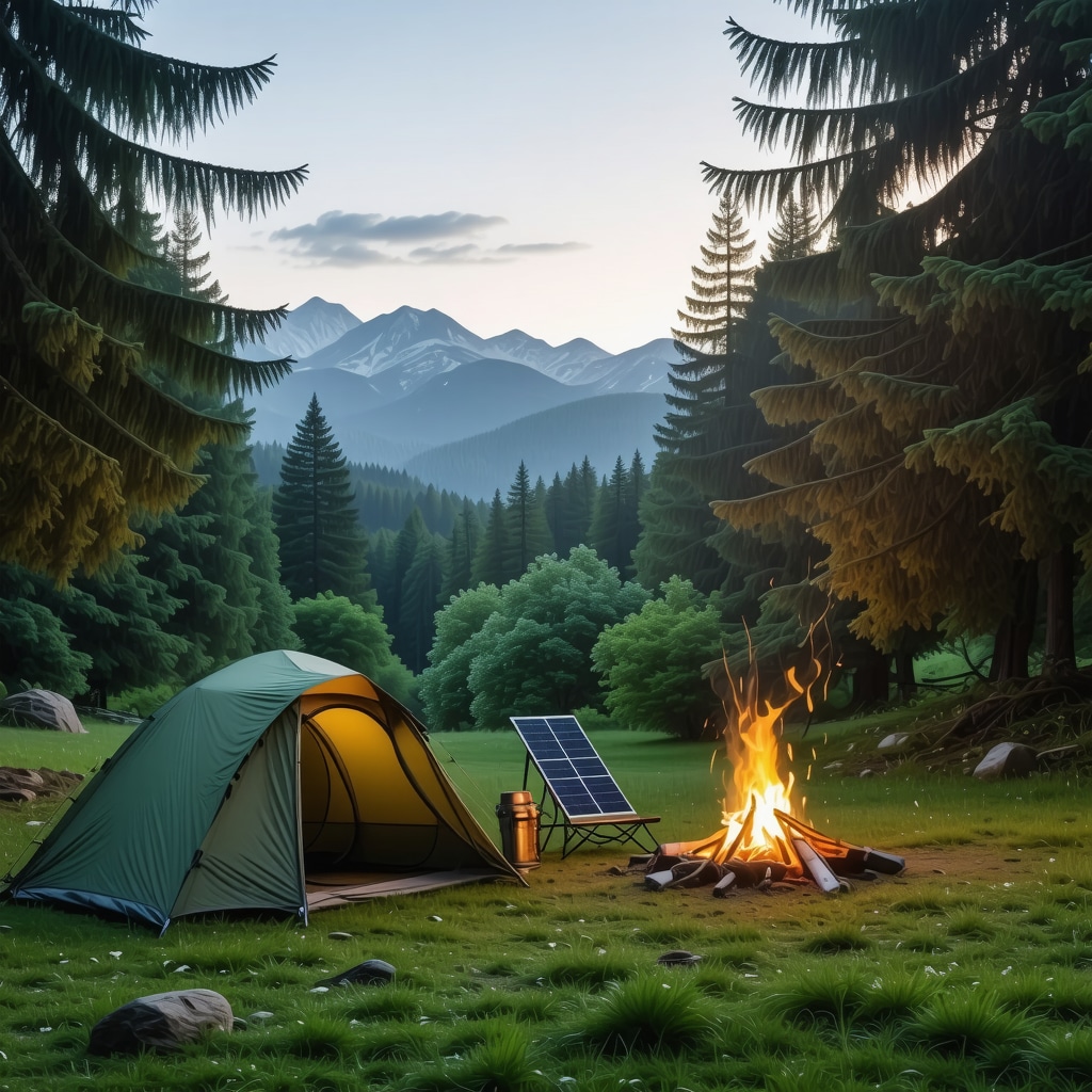 Sustainable campsite in Zlatibor forest with eco-friendly tents and solar panels at dusk