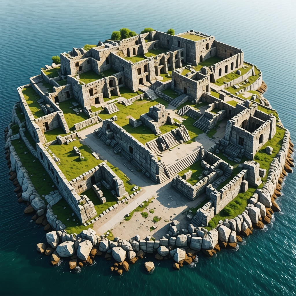 3D digital rendering of Nesebar's archaeological ruins with coastal landscape