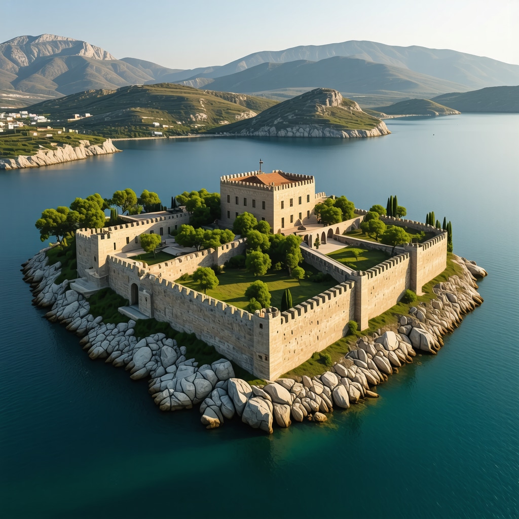 Detailed 3D digital rendering of Palamidi Castle and coastal landscape showcasing VR technology in cultural heritage preservation.