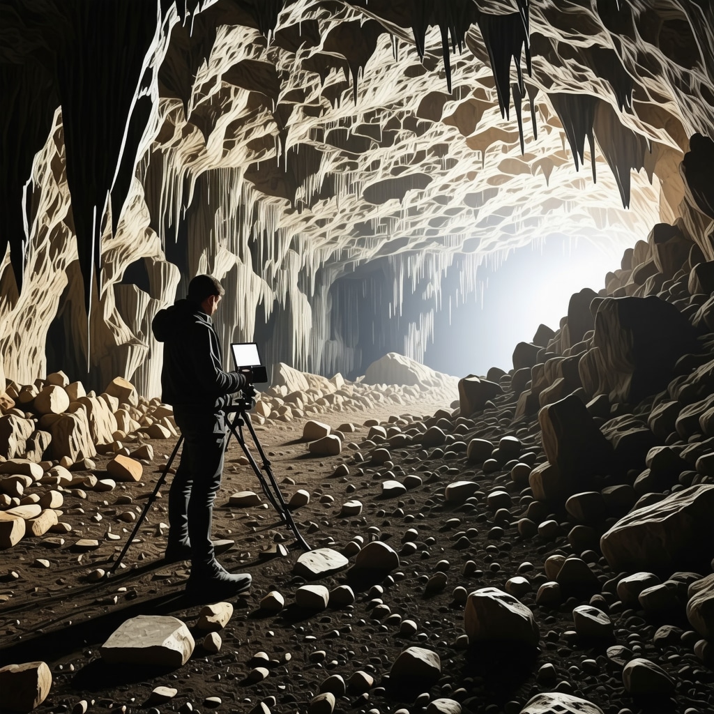 3D laser scanning capturing detailed cave formations inside Postojna Cave with digital data overlays