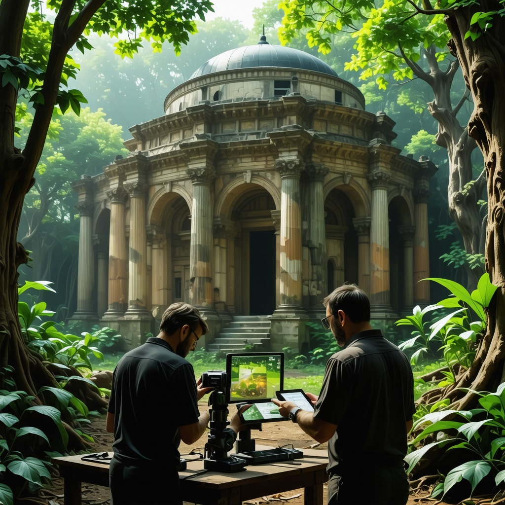 Experts performing 3D laser scanning on an Ottoman historical building surrounded by greenery