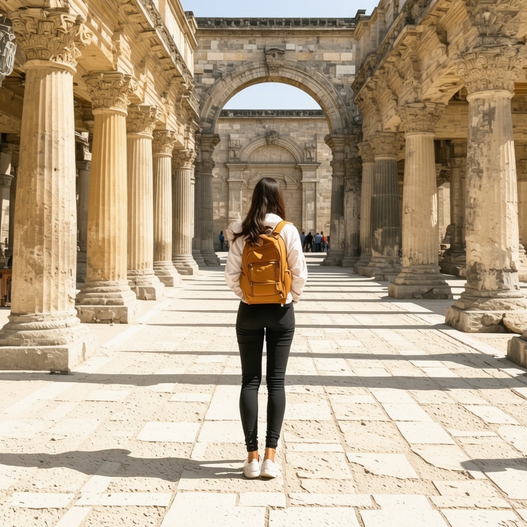 Tourist using augmented reality app in Arad exploring historical sites and nature trails with sustainability information