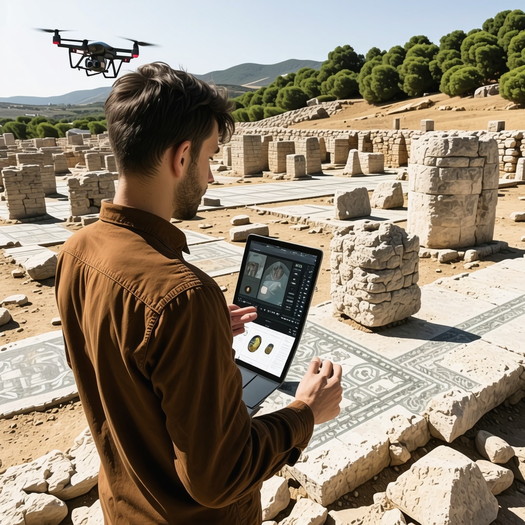 Researchers using 3D laser scanning and drone technology to document mosaics and ruins at Stobi with natural surroundings