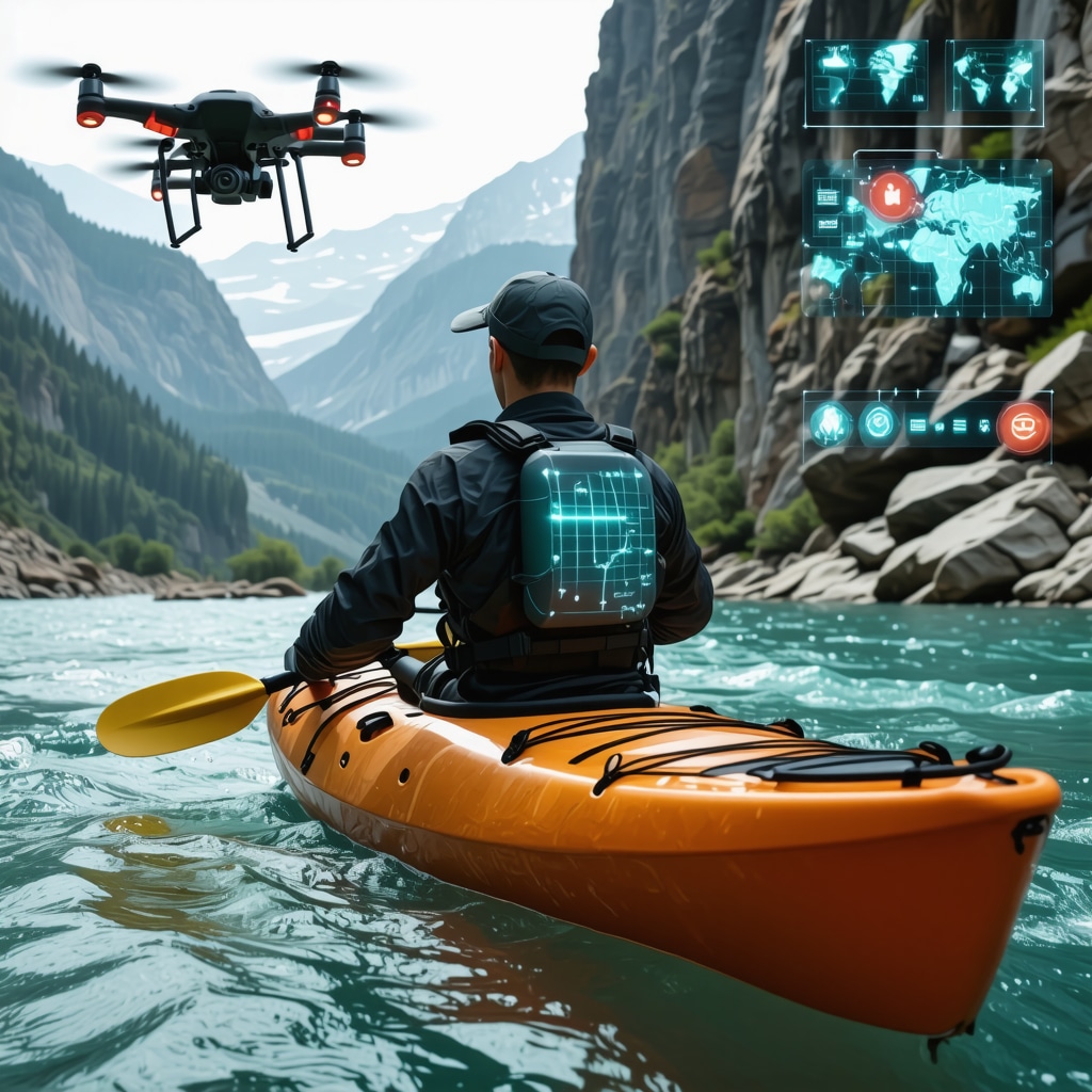 Athlete kayaking on Tara River wearing smart gear with drone and digital data overlays
